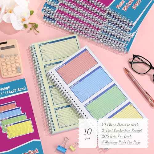 Sinmoe 10pcs Spiral Bound Phone Message Book with Carbon Copy 5-1/2" x 11" 2 Part Colorful Carbonless Telephone Message Pads Duplicate Spiral Phone Call Log Book for Business Office (Rose Red,Blue)