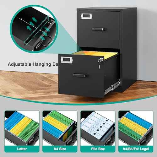SISESOL 2 Drawer File Cabinet with Lock,Narrow Vertical Filing Cabinet,Under Desk File Cabinets,Black Metal File Cabinets for Home Office,Fit Letter/A4/Legal Size File,Easy Assembly