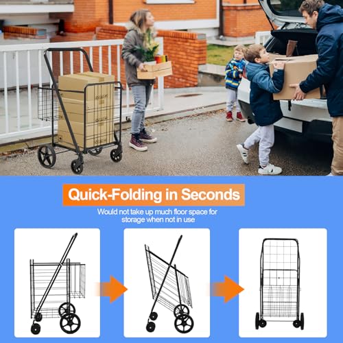 Heavy-Duty Folding Shopping Cart with Waterproof Liner & 360¡Æ Swivel Wheels | Collapsible Grocery Cart for Easy Transport, Ideal for Laundry, Shopping, and Travel ? 132 LBS Capacity