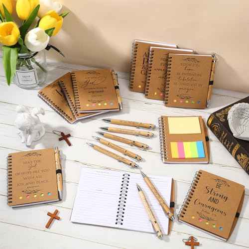 Spakon 30 Set Christian Gifts Bulk Church Gifts Religious Notebook Spiral Bible Verse Bamboo Pens Mini Bible Study Journal for Sunday School Employee Coworker Men Women (Brown)