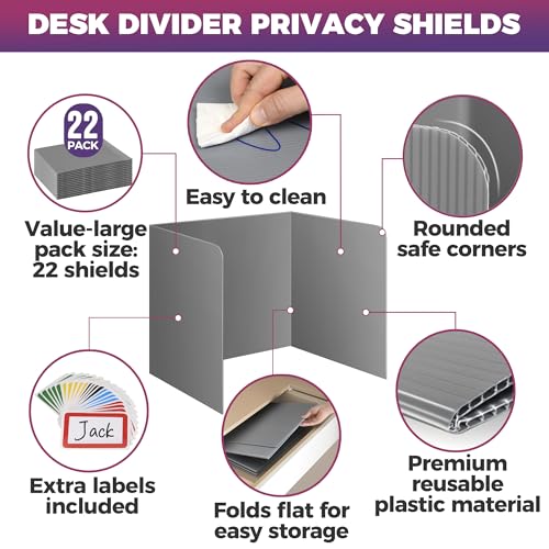 Grey 22-Pack Desk Dividers for Students Waterproof & Durable Classroom Privacy Shields - Easy-to-Clean Study Carrel Folders