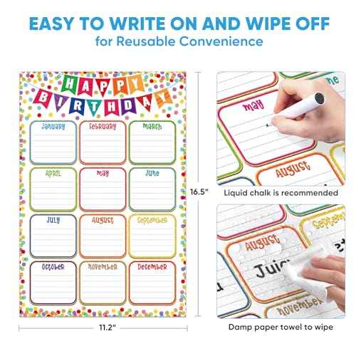 FaCraft Birthday Chart Poster for Classroom - Confetti Happy Birthday Poster Calendar Boho Reusable Laminated Classroom Birth day Chart Class Bulletin Board Decorations Back to School Teacher Supplies