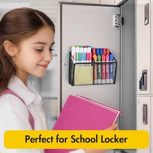 BEYGORM Magnetic Dry Erase Marker Holder for Whiteboard, Mesh Pen & Pencil Holder for Refrigerator, Strong Magnetic Basket for School Locker, Office & Classroom Organizer (Black, 1-Pack)