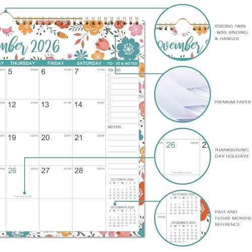 2026 Wall Calendar - Jan 2026 - Dec 2026, 12 Months Hanging Monthly Calendar 2026, 14.8" x 11.57", Twin-Wire Binding, Julian Dates, Large Block, Notes, To-do List, Thick Paper, Perfect for Organizing