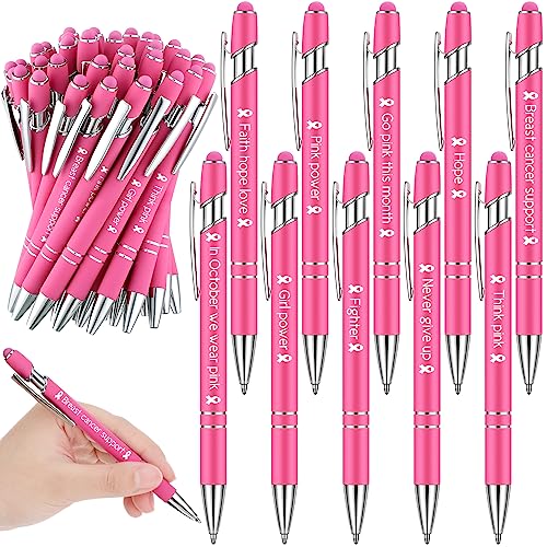 Yeaqee 50 Pieces Breast Cancer Awareness Pink Pens Bulk with 0.5 mm Inspirational Black Ink Retractable Pink Ribbon Ball Point Pens for Public Events Women Girls Gift Office Supplies