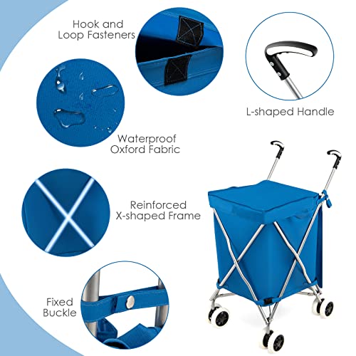Goplus Folding Shopping Cart with Wheels, Grocery Cart with Removable Oxford Cloth Liner, Lightweight Utility Cart for Groceries Laundry Blue
