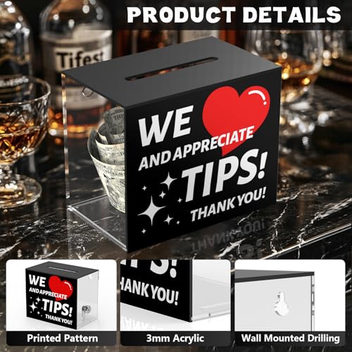 CHONOVO Lockable Acrylic Tip Jar with Thank You Design - Black Variation 1