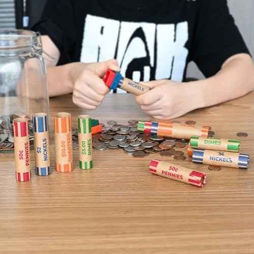 THEBLUETOUCH 512 Preformed Coin Roll Wrappers, Coin Wrapper Assorted with Crimped Edge Sealer - 128 Each for Pennies, Nickels, Dimes, Quarters
