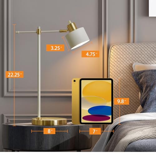OYEARS Modern Industrial Desk Lamp for Reading LED 22.2¡° Metal Table Lamp Light for Office Bedroom Study Room Living Room Nightstand Bedside Lamps Gold and Matte Cream Accent (Cream, Bulb Included)