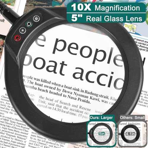 10X Magnifying Glass with Light and Clamp, 5 Inch Real Glass Magnifying Desk Lamp with Stand, Long Gooseneck, 5 Color Modes Lighted Magnifier Hands Free for Crafts Painting Jewelry Close Work