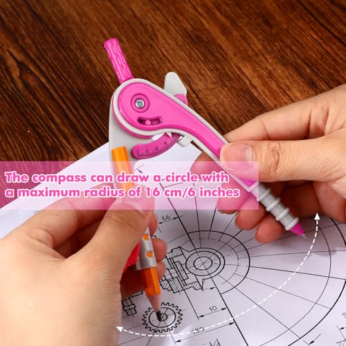 Pink Geometry Math Set with Compass, Rulers, Protractors & Triangles - Zonon 7 pcs