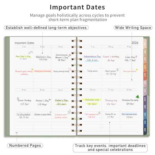 RETTACY 2026-2027 Monthly Planner, Jan 2026 - Dec 2027, Medium Size (5.7" x 8.3"), 2026-2027 Calendar, 24-Month Tabs, Flexible Plastic Cover, Spiral-bound, 100 GSM Thick Paper (Light Green)