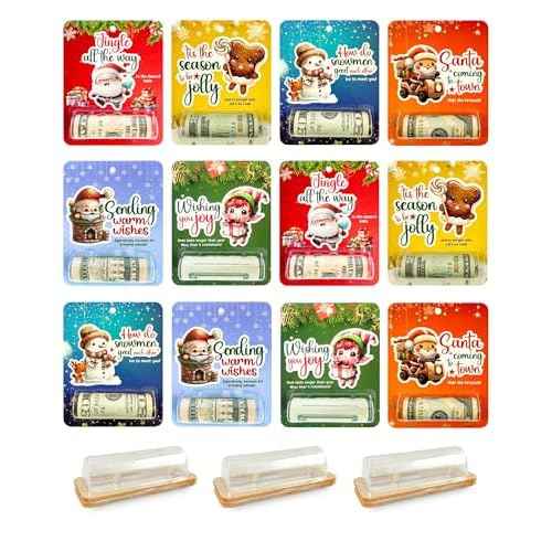 12 Sets of Christmas Money Holders for Cash, Funny Ways to Give Money as a Gift, Money Holder for Cash Gift, Money Ornament, Variety of Unique Cards With Plastic Lip Balm Tray With Adhesive