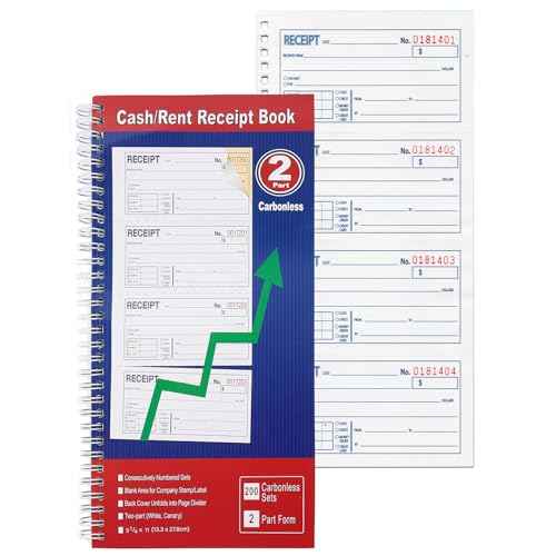 Cash Receipt Book, 200 Sets, 2-Part Carbonless, 5-1/4" x 11", Spiral Bound, White & Canary Copies - Numbered Forms for Cash Transactions, Rent Payments & Business Records (1pack)