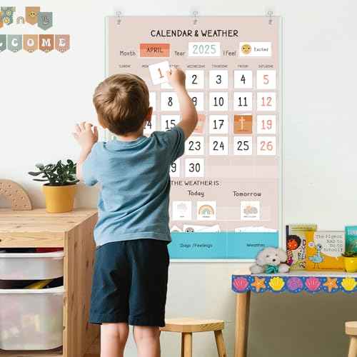 Calendar and Weather Pocket Chart for Classroom, 35¨ö" x 25¨ö" Large Boho Calendar for Kids, Toddler Learning Activities Chart, Homeschool and Teacher Essentials 114 Cards
