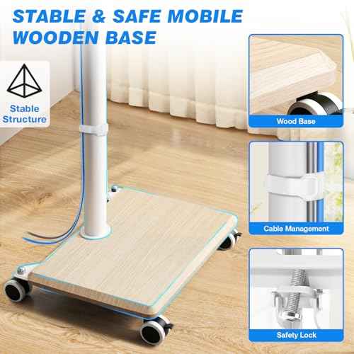 Rfiver Rolling TV Stand for 32 to 55 60 Inch TVs up to 88lbs, Height Adjustable Mobile TV Stand with Wood Base, Space-Saving Design Tall TV Cart Floor Stands for Living Room, Bedroom, Corner (White)