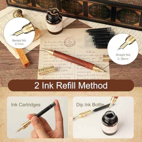 GC QUILL Calligraphy Pen Set - Feather Dip Pen,Dual Tip Calligraphy Fountain Pen, Stamp, Wax Candle, Pen Base, Ink Bottle, Ink Cartridges L1492