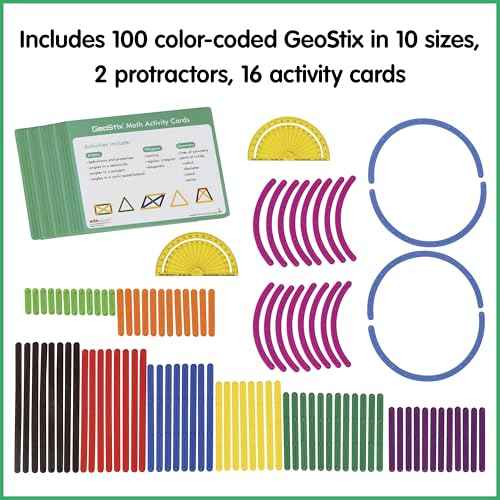 edxeducation GeoStix Deluxe Set | Teach Geometry | 100 Construction Sticks, 2 Protractors, Activity Cards | Manipulative for Math, Art and Fine Motor Skills