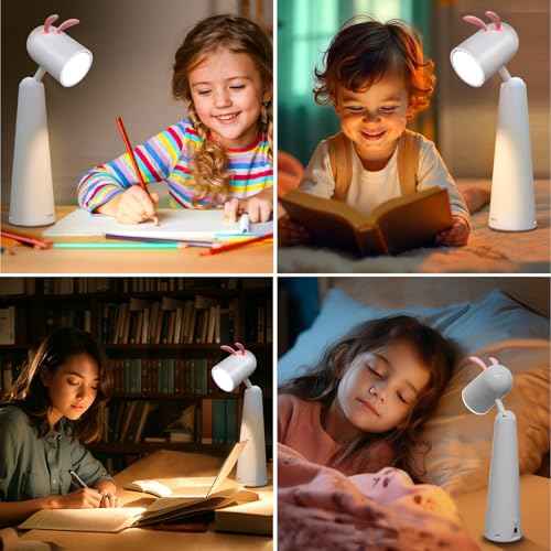 Rabbit Shape Cute Desk Lamp, Dimmable LED Desk Lamp with USB Charging Port Touch Control Eye Protection & Long Battery Life, Dorm Room Essentials Study Lamp for Table Bedroom Kid Gifts.