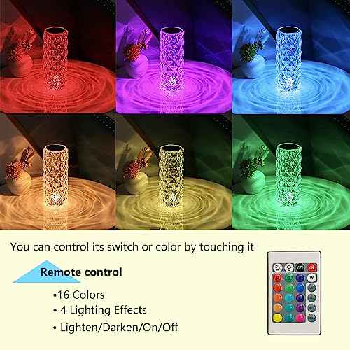 Portable Crystal Table Lamp, 16-Color Touch Control Rechargeable Night Light, Bedside Desk Lamp for Bedroom, Living Room, Kitchen & Dining Room (16-Color Rose)