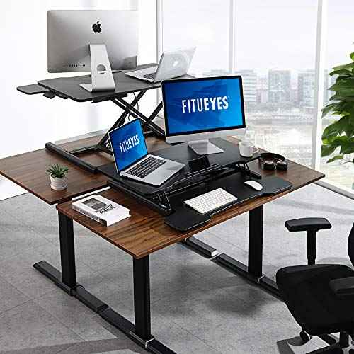 FITUEYES Height Adjustable Standing Desk 32¡± Wide Sit to Stand Converter Stand Up Desk Tabletop Workstation for Dual Monitor Riser FSD308001WB
