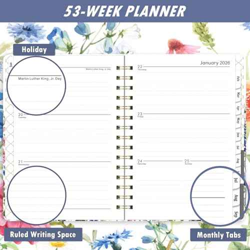 2026 Planner - Jan. 2026 - Dec. 2026, 2026 Planner Weekly and Monthly with Tabs, 6.3" x 8.4", Planner 2026, Hardcover with Back Pocket + Thick Paper + Twin-Wire Binding - Flowers