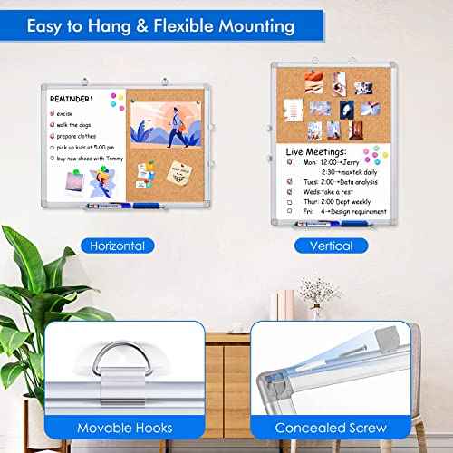 Magnetic White Board and Cork Board Combo, 24 X 18 inches Whiteboard Bulletin Combination Board, Wall Mounted Dry Erase Message Board for Home, School and Office