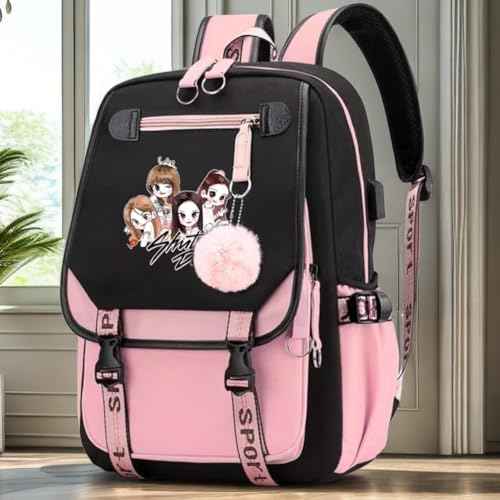 USB Black Backpack Pink Shut Down Korean Casual Backpack Daypack Laptop Bag College Bag (B1)