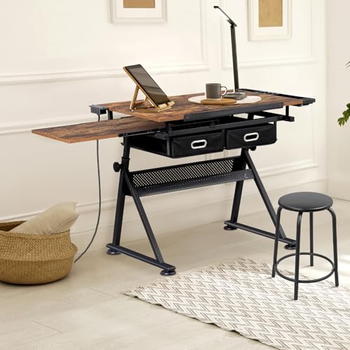 ZENY Retro Drafting Table with Outlet & Stool - Adjustable Artist Desk