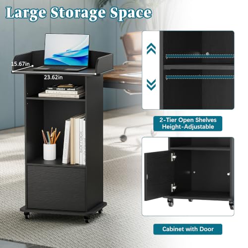 Mobile Wooden Podium Stand with Lockable Wheels and Storage Shelf