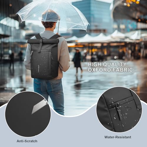 Rolltop Laptop Backpack, Water-Resistant Bussiness Travel Backpack for Men Women, Expandable 20-27L Casual Daypack for 15.6 inch Computer, Work Bag for Commute/College/Hiking,Black
