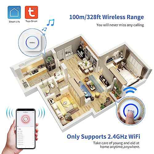SINGCALL Tuya WiFi SOS Wireless Calling Caregiver Pager System Calling Alert System for Patients Seniors Elderly Disabled 1 Plugin Receiver 1 Smart Emergency Call Button (only Supports 2.4GHz Wi-Fi)