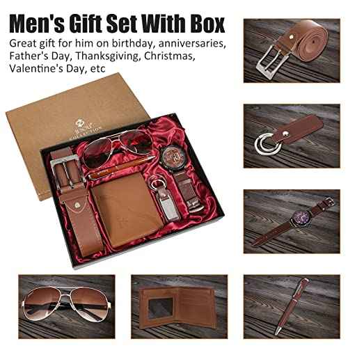 6pcs Men's Gift Set with Box Brown Leather Belt Wallet Watch Glasses Keychain Ballpoint Pen Gifts for Men, Valentines Day Gifts for Him