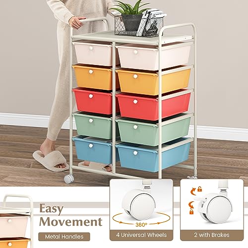 GOFLAME 10-Drawer Rolling Storage Cart, Macaron Color - 26 x 14.5 x 34 in, Locking Wheels
