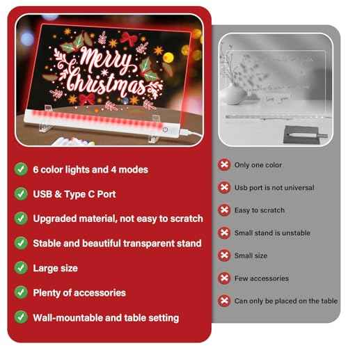 Led Note Board with 6 Colors, 11.8X7.9in Acrylic Dry Erase Boards with Light, 4 Modes &Touch Control Led Writing Board with 7 Marker Pen, Light-Up Drawing Boards with Stand for Office