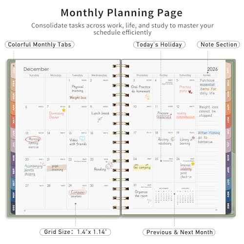 RETTACY 2026-2027 Monthly Planner, Jan 2026 - Dec 2027, Medium Size (5.7" x 8.3"), 2026-2027 Calendar, 24-Month Tabs, Flexible Plastic Cover, Spiral-bound, 100 GSM Thick Paper (Light Green)