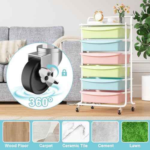 X1 Rolling Storage Cart with Drawers, Utility Cart with 6 Plastic Drawers, Storage Drawer Cart with Lockable Wheels, Multipurpose Movable Organizer Cart for Home, Bedroom, Office, School