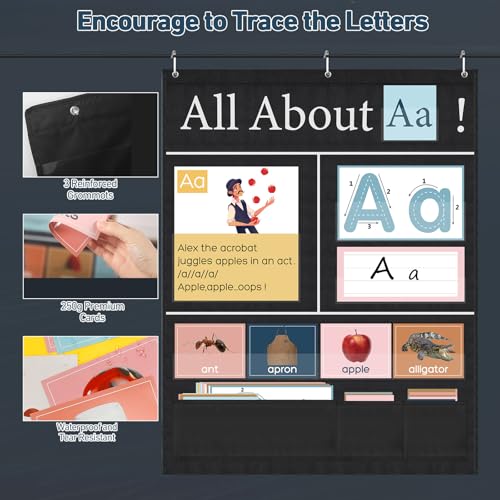 Blosssound 34 x 27 All About Letter Pocket Chart 103 ABC Flash Cards Letter of The Day Week Chart Alphabet Tracing Educational Wall Poster Teachers Homeschool Learning Activities(Black)