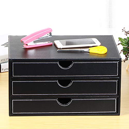 Ayunga Leather Desk Organizer with 3 Drawers, Executive Office Supplies Desktop Filing A4 File Cabinet/Holder,Stackable Storage Box for Jewelry/Bill/Documents/Makeup Home Decor Accessories(Black)