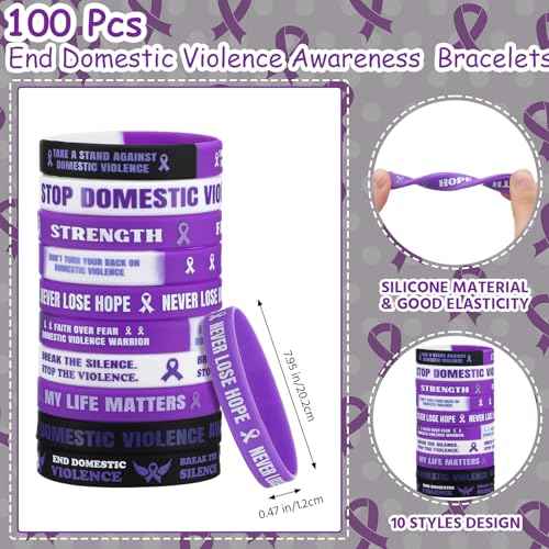 400 Pcs/100 Sets Domestic Violence Awareness Kit Include Purple Ribbon Pens Stickers Silicone Bracelets Wristbands Badges Pins for Domestic Violence Awareness Men Women Charity Gifts