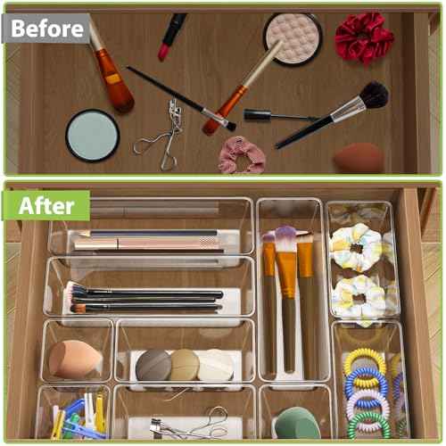 12 Piece Clear Drawer Organizer Set, 3 Sizes Bathroom Vanity Organizer Trays and Storage Bins for Makeup, Cosmetics, Jewelry, and Gadgets. Perfect for Office, Kitchen, Bedroom, Bathroom Use.