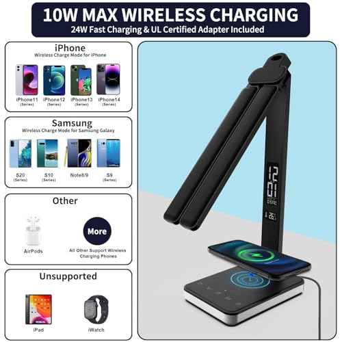 LED Desk Lamp with Charger, USB Charging Port, Dual Swing Arm Desk Light with 5 Brightness, 3 Colors, Table Lamp with Clock, Alarm, Date, Temperature, Desk Lamp for Home Office Study (Black)
