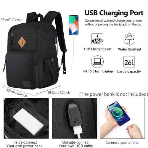 KEOFID Travel backpack for Men and Women, Anti Theft Laptop Backpack with USB Charging Port for Work, Large Bag for College, BLACK BOOK BAG FOR BOYS, GILRS Backpack,Water Resistent(Black)