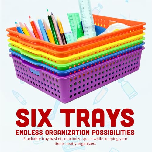 Colorful Plastic Classroom Storage Bins Set of 6, 13.75 x 10.25 Inches for Organizing Papers & Supplies