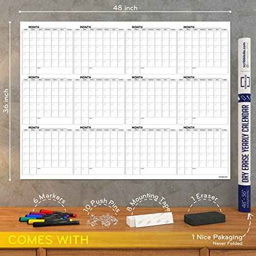 Large 36"x48" White Board Calendar for Wall 12 Month Planner Board Big Dry Erase Wall Calendar Monthly Large Includes 6 Markers Eraser Push Pins & Mounting Tape