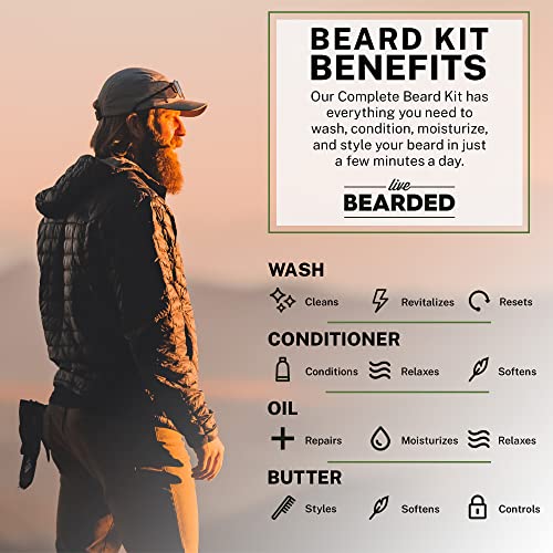 Live Bearded Complete Beard Grooming Kit - Wash, Conditioner, Butter and Oil - Made in the USA with All-Natural Ingredients - Mens Groom Set | Canyon Scent - Juniper, Cypress, Fir Needle