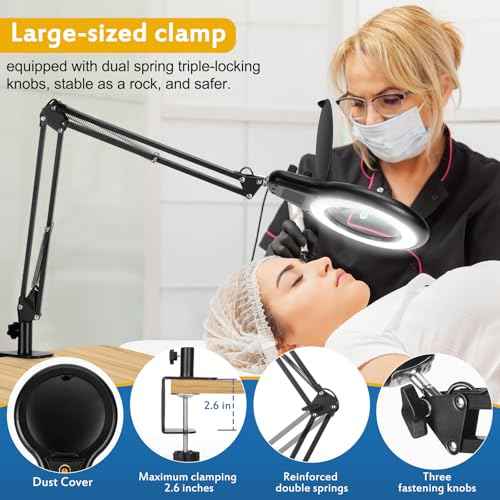 10X Large Magnifying Glass with Light and Stand, 2200 Lumens Stepless Dimmable Lighted Magnifier, Real Glass Lens Desk Lamp, Adjustable Swing Arm Clamp Light Hands Free for Craft Close Work