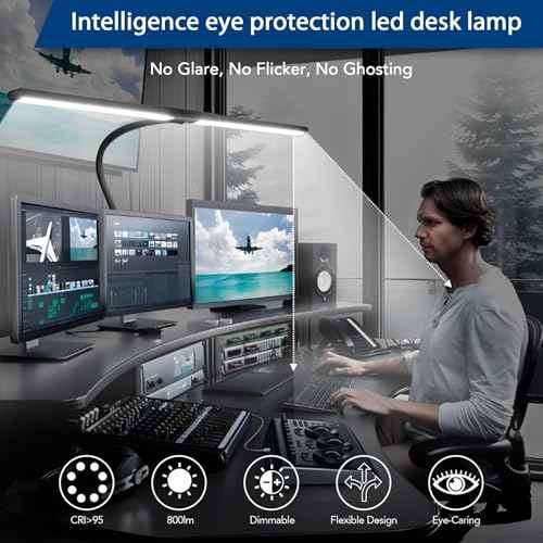 Desk Lamp for Home Office, Eye-Caring Architect Desk Lamp with Clamp, 24W Ultra Bright Auto Dimming Computer Light Stepless Dimming and Tempering Table Light for Reading, Study, Work