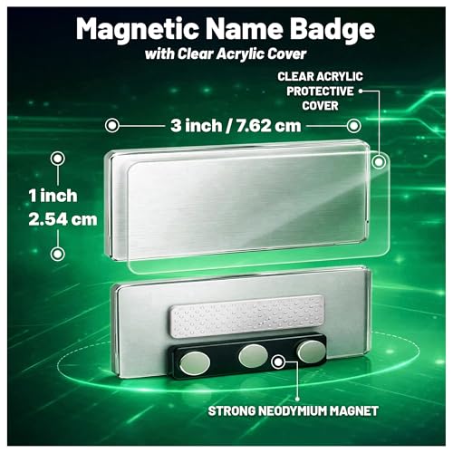 CiLoN 10-Pack Magnetic Name Badge Holders with Clear Covers, Silver 1"x3"