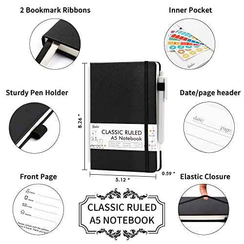 feela 8 Pack Journal Notebook Bulk for School, Hardcover Business Notebooks Classic Ruled Lined Journals with Pen Holder for Work Note Taking, with 8 Black Pens, 120 GSM, 5.1¡±x8.3¡±, A5, Black